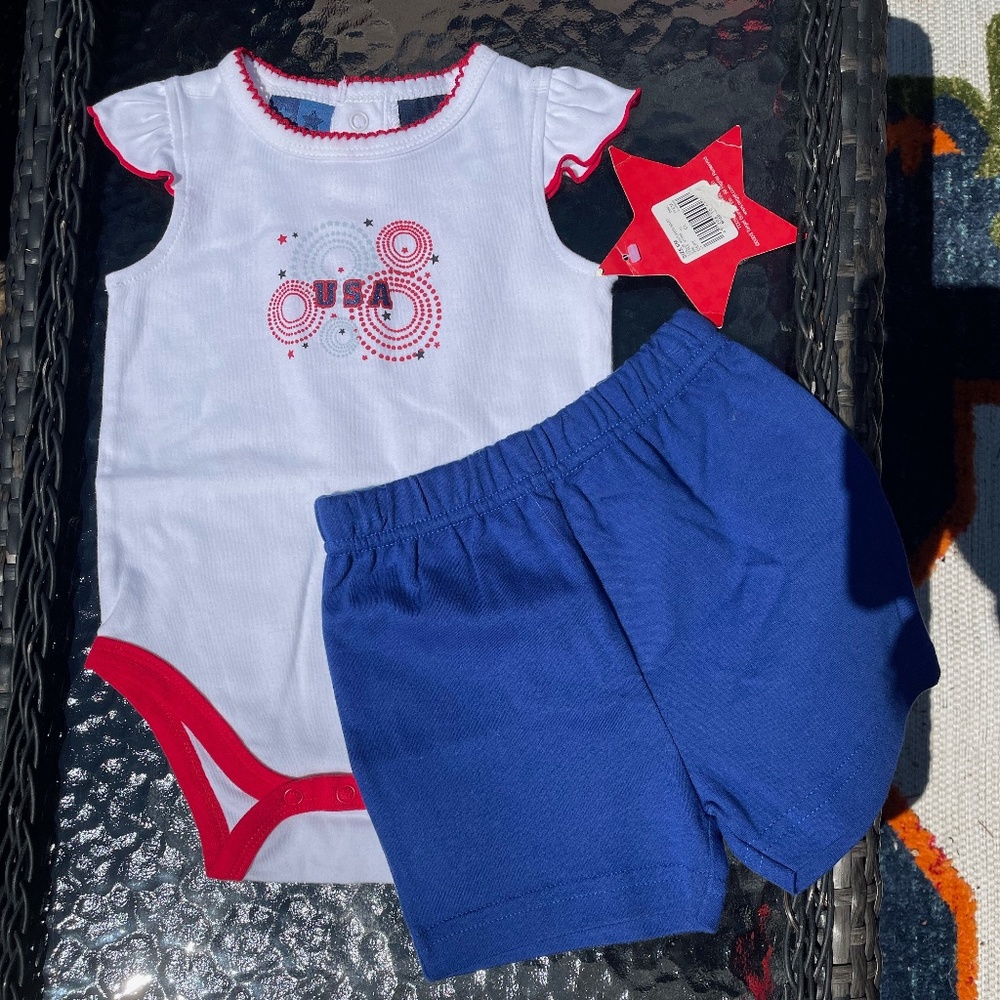 4th of July USA Onesie and Shorts 6M Red White Blue 2 Piece Set - NWT